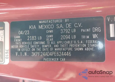 2023 Kia Forte Lxs z USA, uszkodzony, nr VIN 3KPF24AD4PE624446